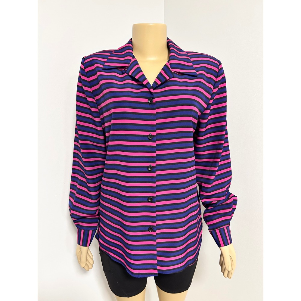 Joan Leslie Vintage 80s Pink Striped Button Down Blouse Large 12 Long Sleeve